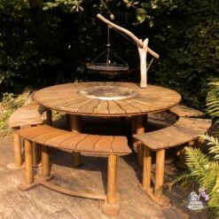 Garten-Sitzgruppe Mit Feuerschale Im Esstisch Und 5 Bänken - Sitzgruppe Camelot